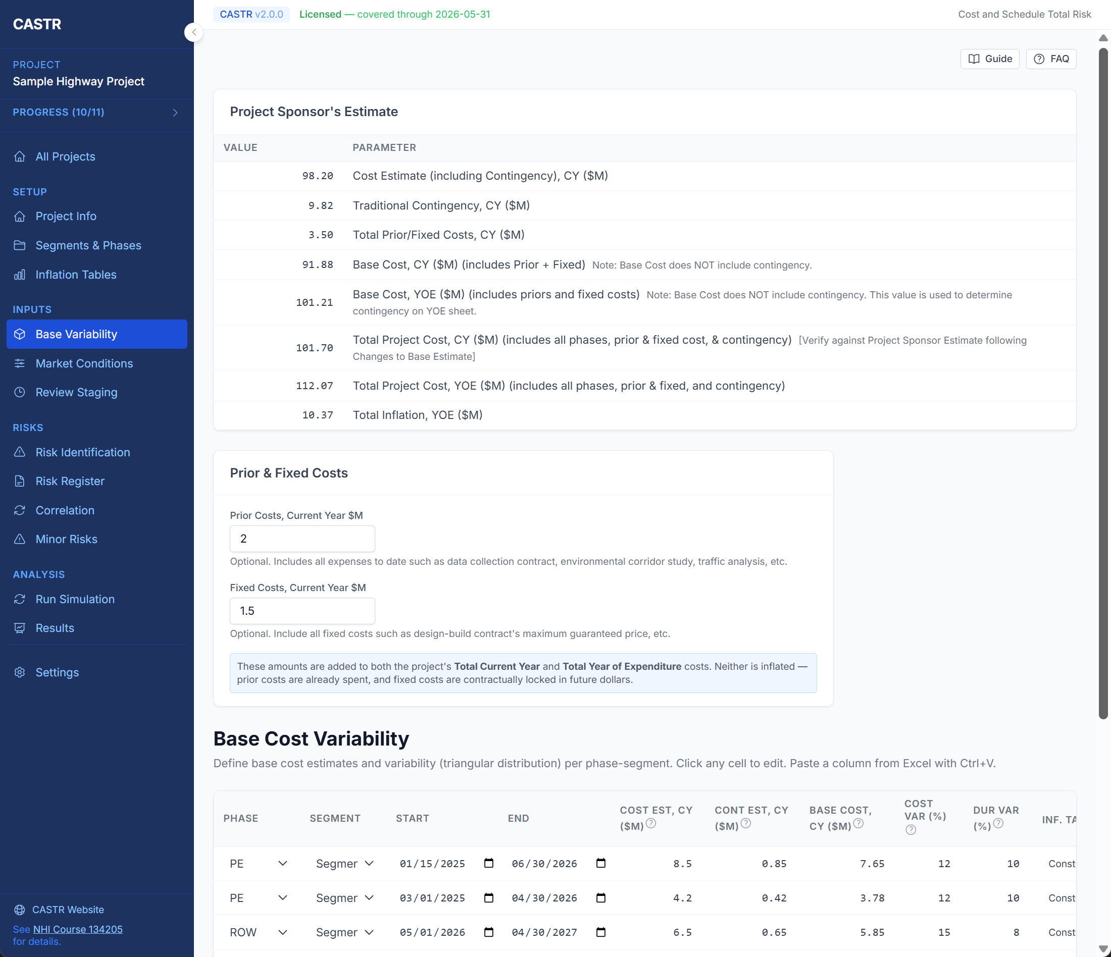 CASTR Base Cost Variability page with phase-segment cost and schedule data entry