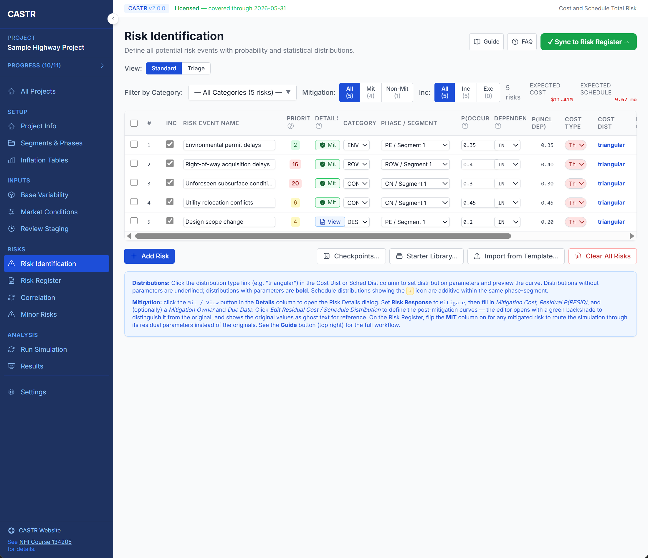 CASTR Risk Identification page with risk table
